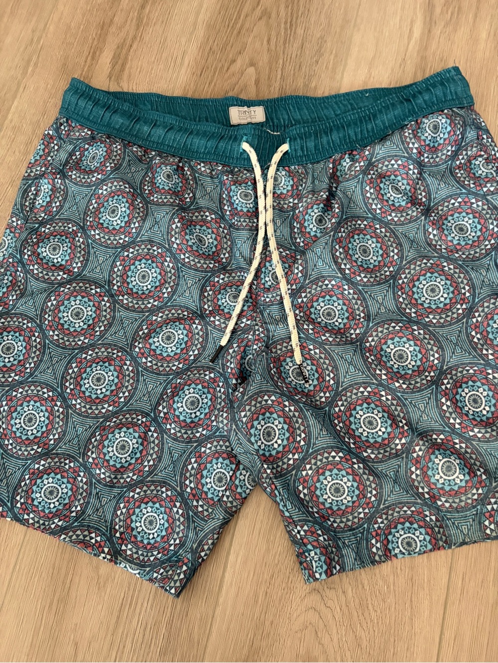 Trinity Teal & Red Geometric Medallion Swim Trunks